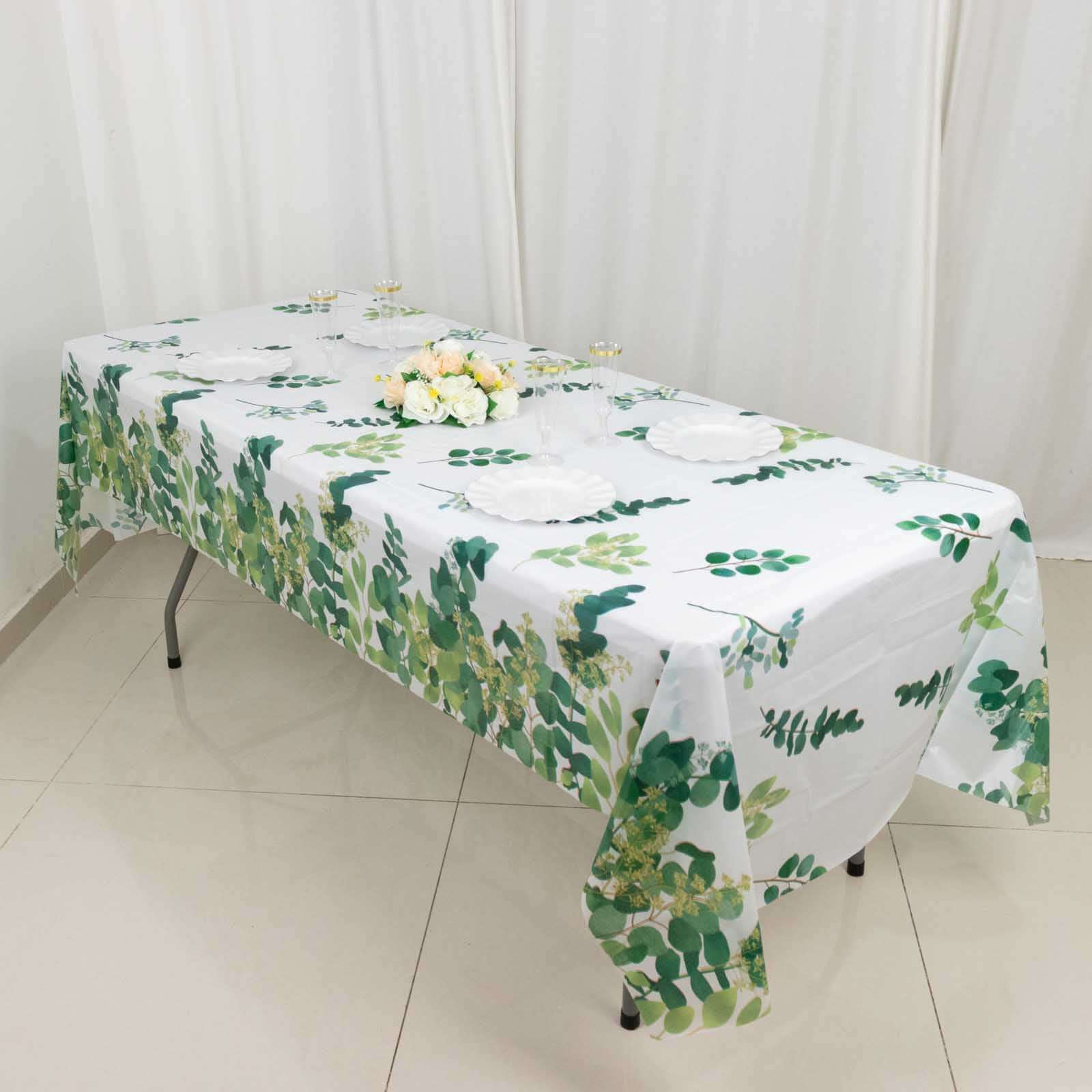 5 White and Green 54x108 in Rectangular Disposable  Plastic Tablecloths with Eucalyptus Leaves Print