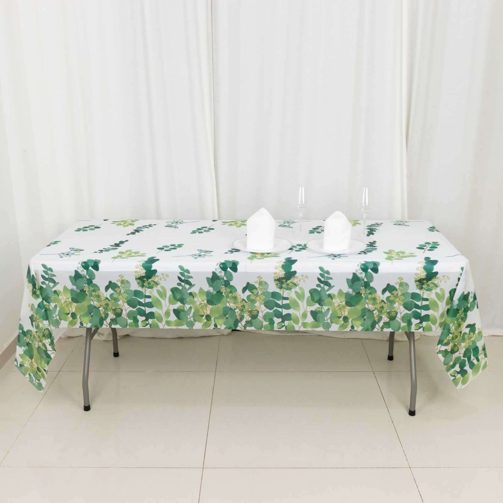 5 White and Green 54x108 in Rectangular Disposable  Plastic Tablecloths with Eucalyptus Leaves Print