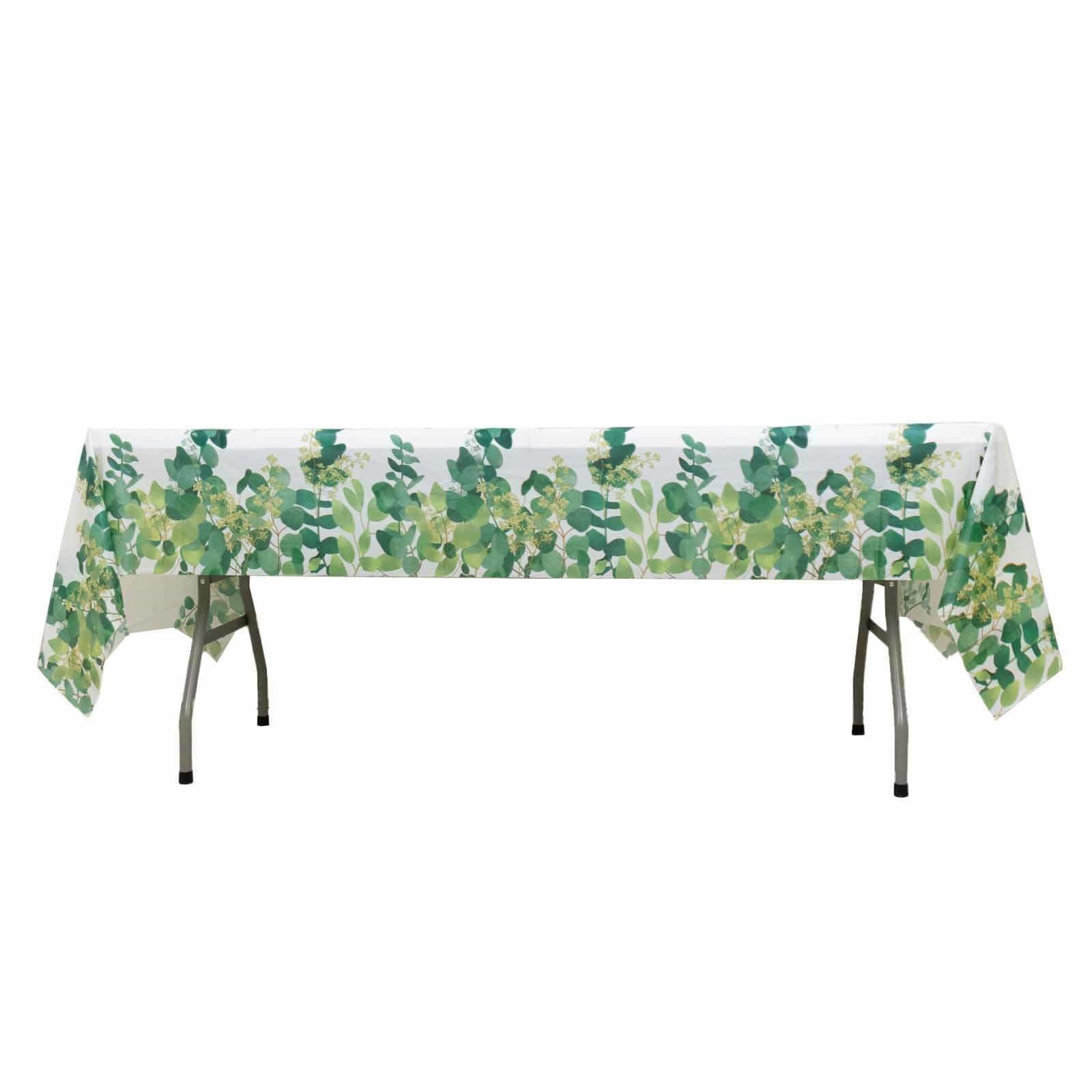 5 White and Green 54x108 in Rectangular Disposable  Plastic Tablecloths with Eucalyptus Leaves Print