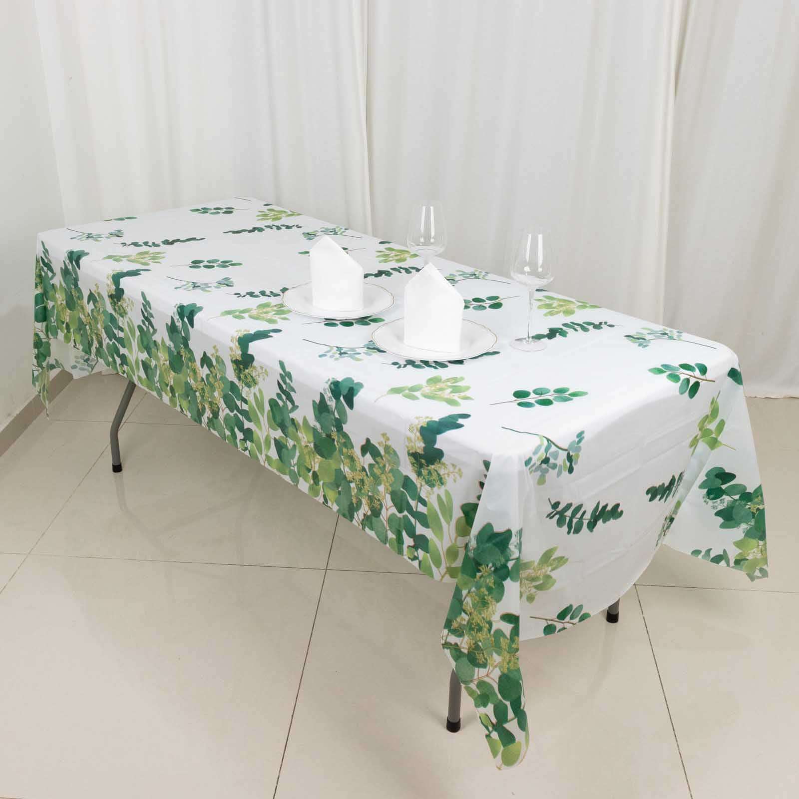 5 White and Green 54x108 in Rectangular Disposable  Plastic Tablecloths with Eucalyptus Leaves Print