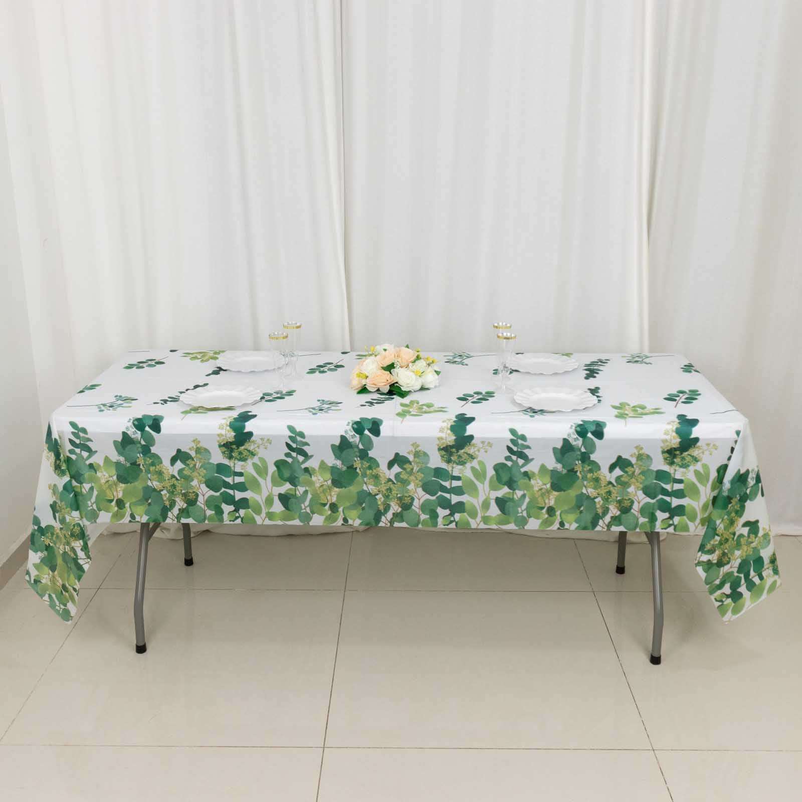 5 White and Green 54x108 in Rectangular Disposable  Plastic Tablecloths with Eucalyptus Leaves Print