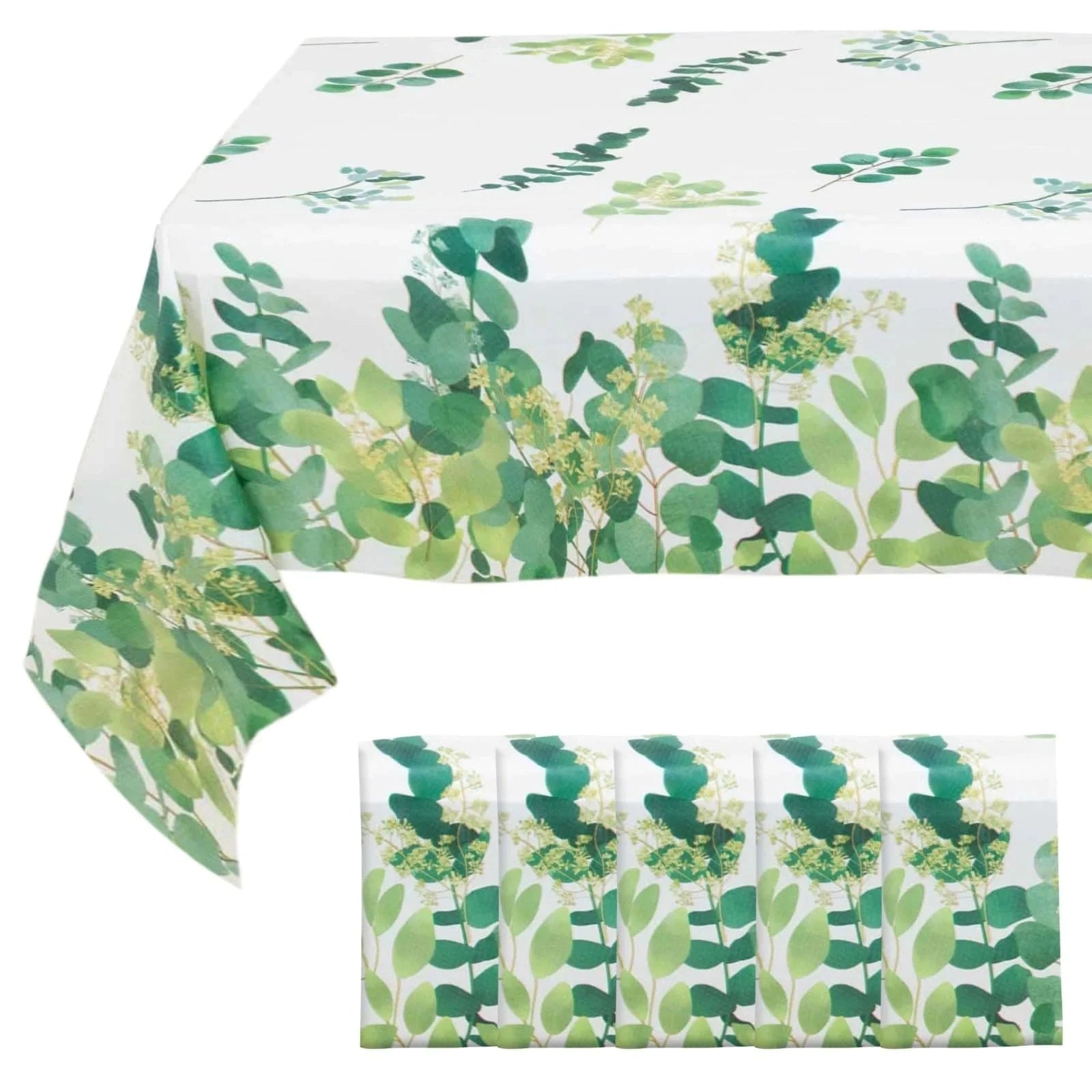 5 White and Green 54x108 in Rectangular Disposable  Plastic Tablecloths with Eucalyptus Leaves Print