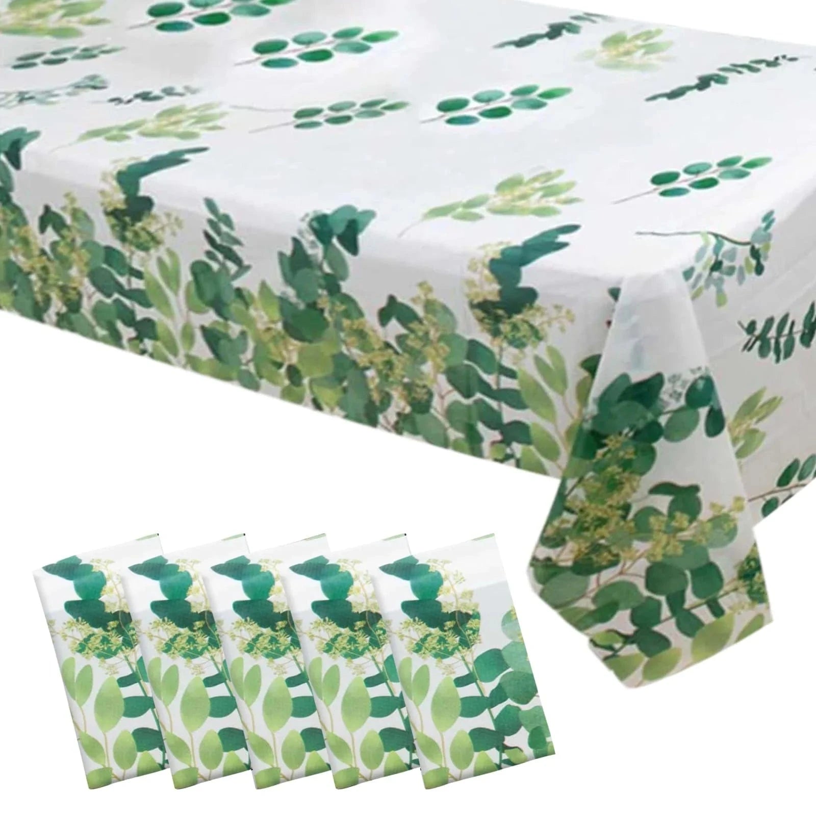 5 White and Green 54x108 in Rectangular Disposable  Plastic Tablecloths with Eucalyptus Leaves Print