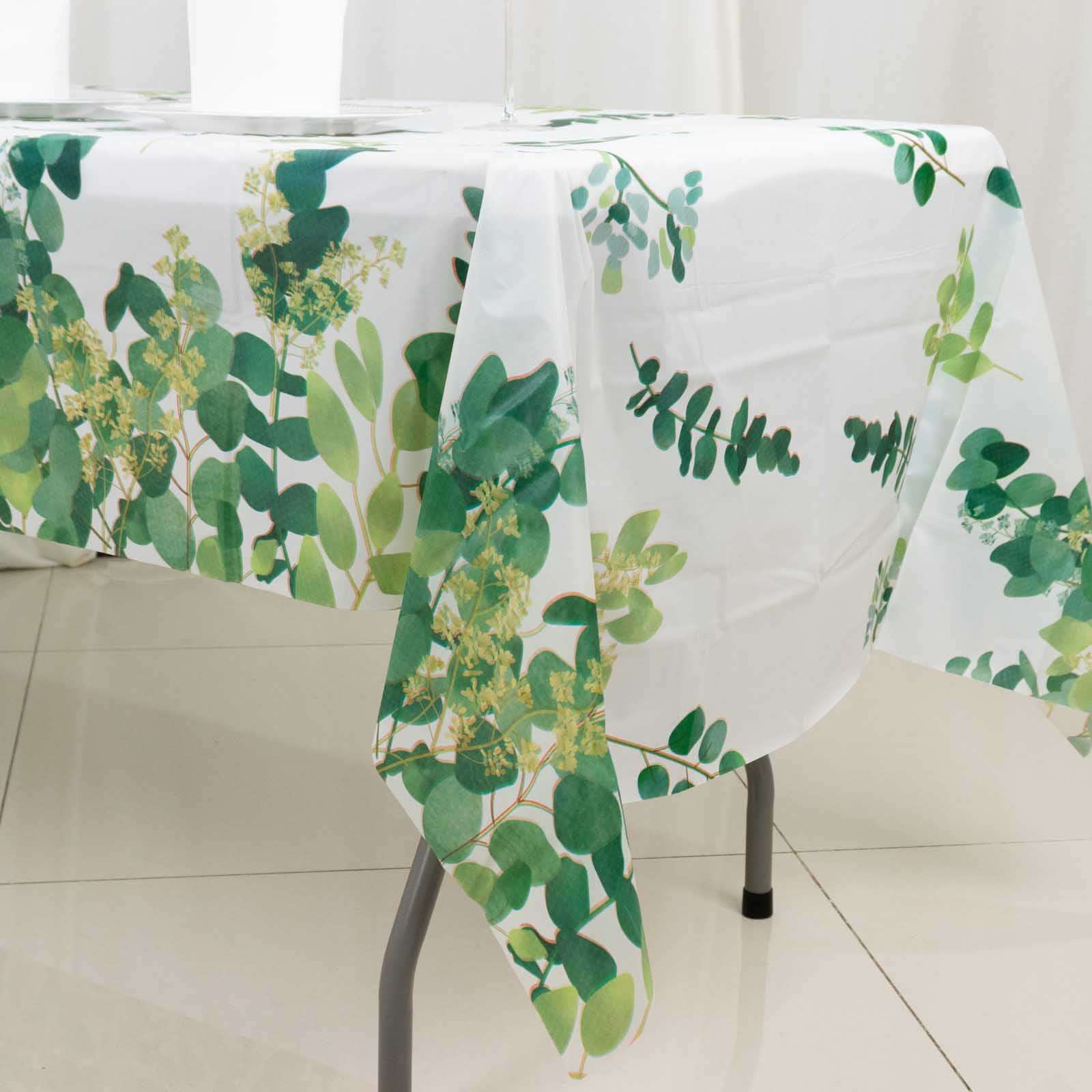 5 White and Green 54x108 in Rectangular Disposable  Plastic Tablecloths with Eucalyptus Leaves Print