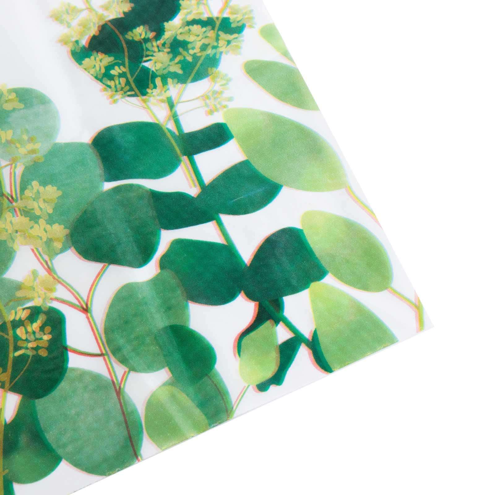 5 White and Green 54x108 in Rectangular Disposable  Plastic Tablecloths with Eucalyptus Leaves Print