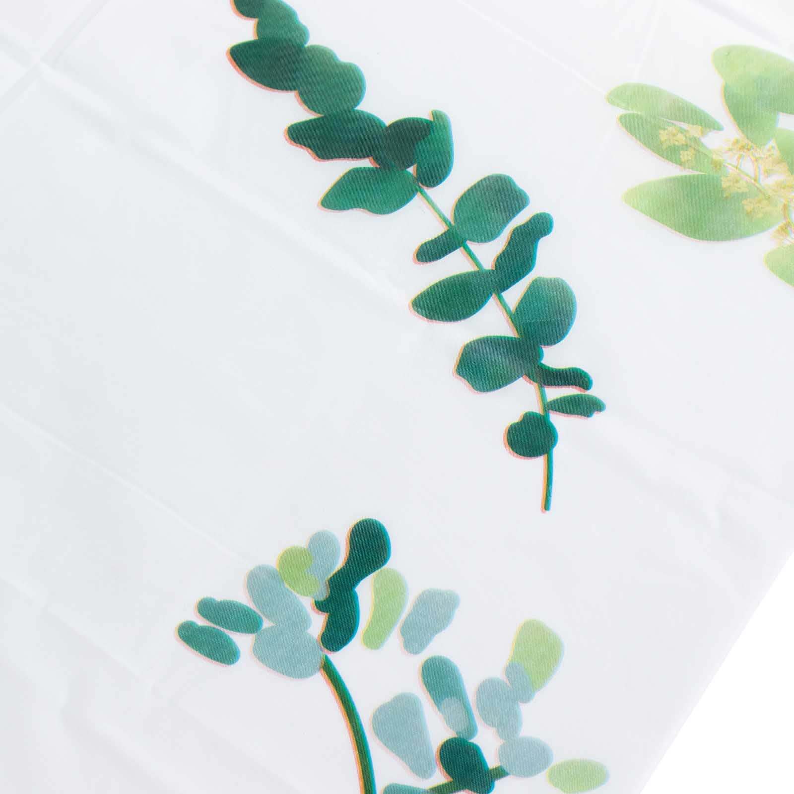 5 White and Green 54x108 in Rectangular Disposable  Plastic Tablecloths with Eucalyptus Leaves Print