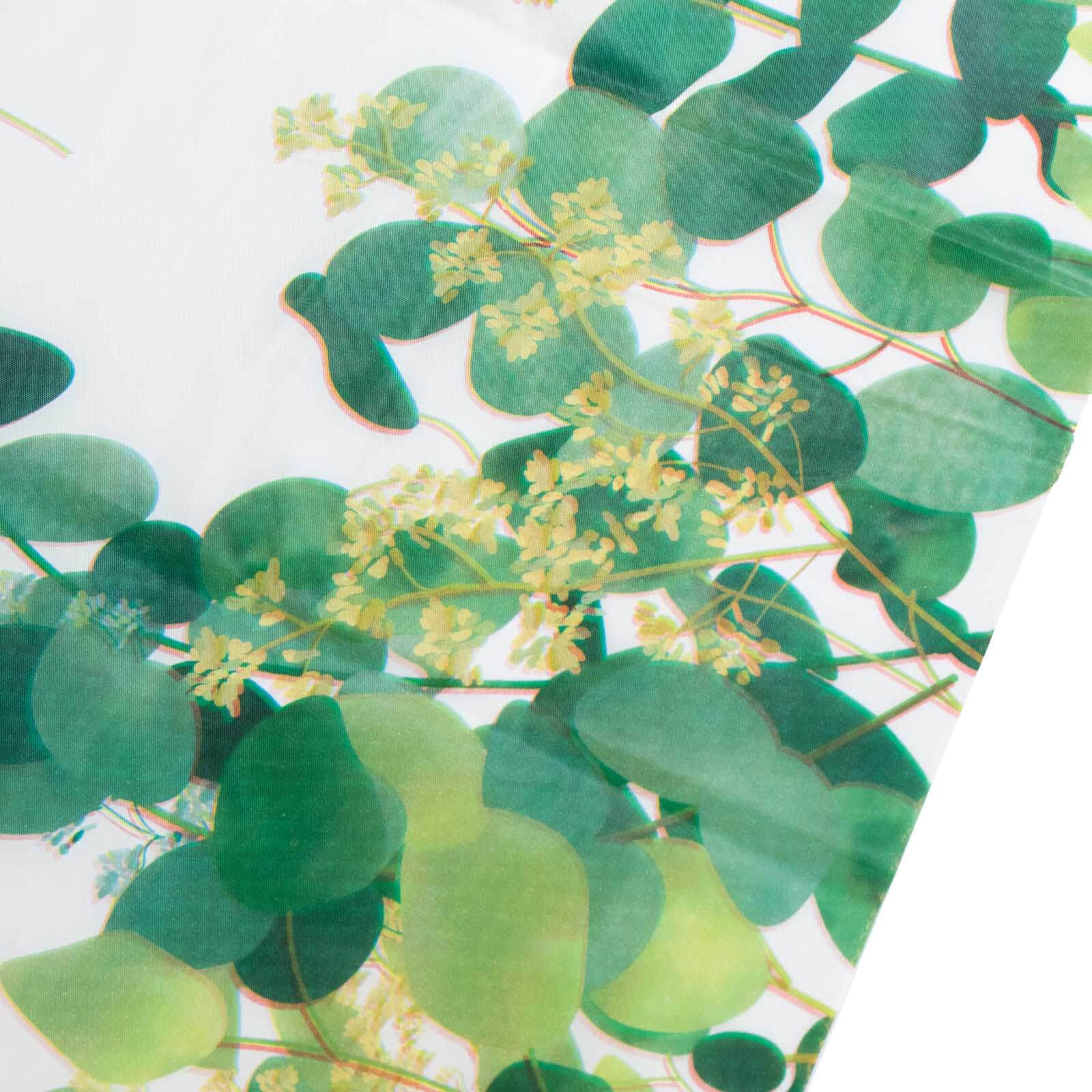 5 White and Green 54x108 in Rectangular Disposable  Plastic Tablecloths with Eucalyptus Leaves Print