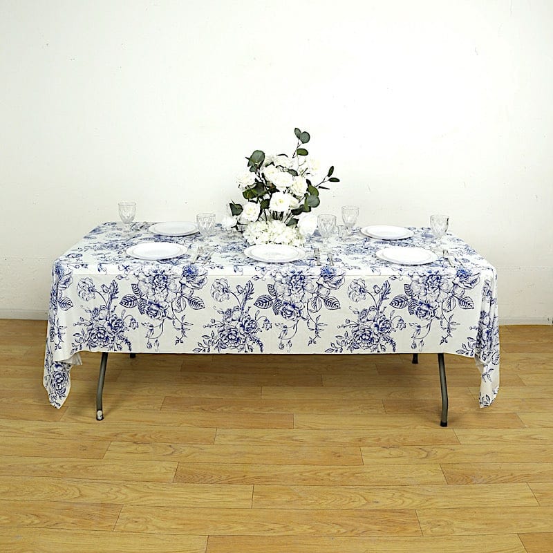 5 White with Blue 54x108 in Rectangular PVC Waterproof Disposable Tablecloths French Toile Pattern