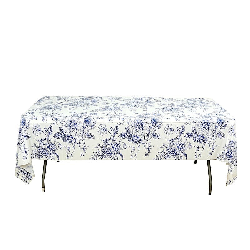 5 White with Blue 54x108 in Rectangular PVC Waterproof Disposable Tablecloths French Toile Pattern