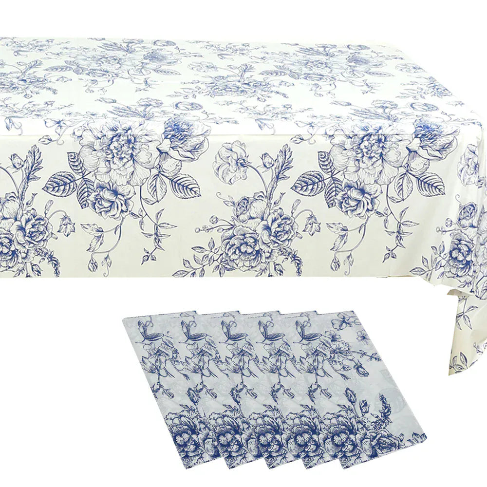 5 White with Blue 54x108 in Rectangular PVC Waterproof Disposable Tablecloths French Toile Pattern