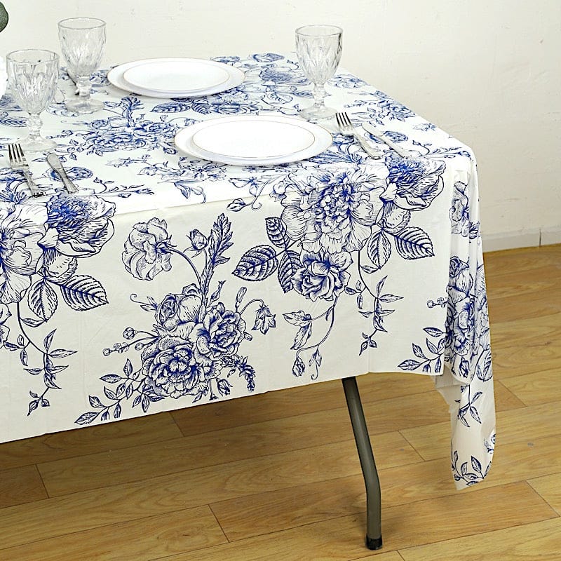 5 White with Blue 54x108 in Rectangular PVC Waterproof Disposable Tablecloths French Toile Pattern