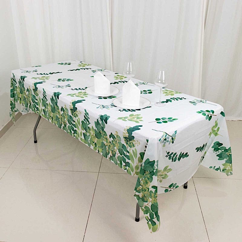 5 pcs 54x108 in White and Green Rectangular Disposable  Plastic Tablecloths with Eucalyptus Leaves Print