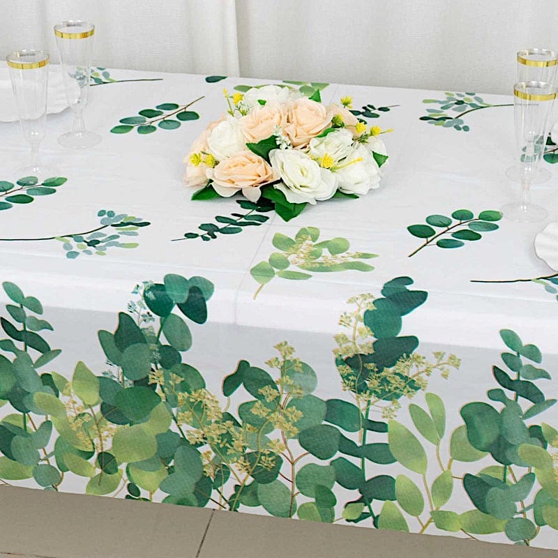 5 pcs 54x108 in White and Green Rectangular Disposable  Plastic Tablecloths with Eucalyptus Leaves Print