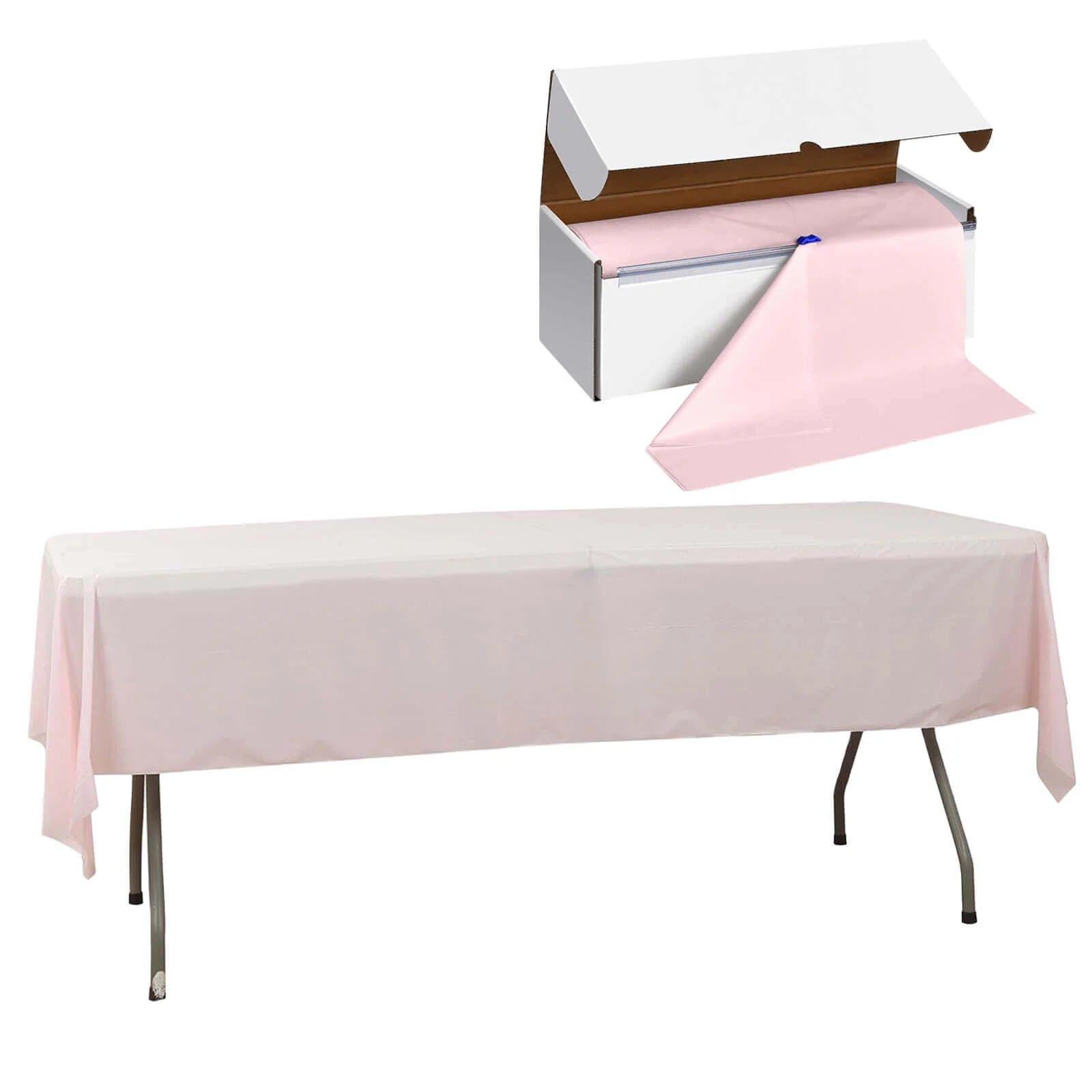 54x3600 in Disposable Plastic Table Cover Roll in a Cut-to-Size Box