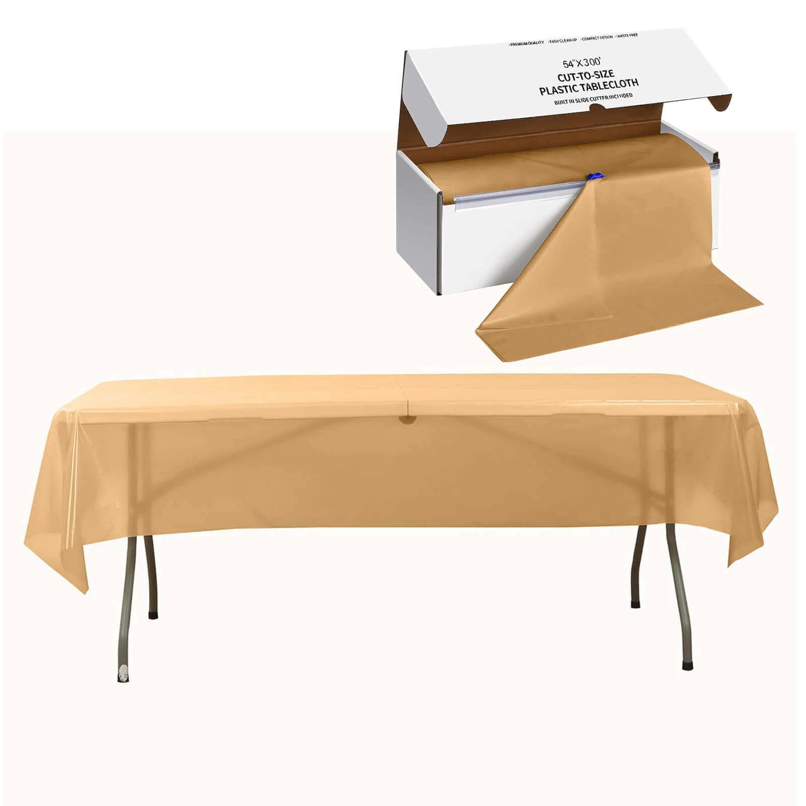 54x3600 in Disposable Plastic Table Cover Roll in a Cut-to-Size Box