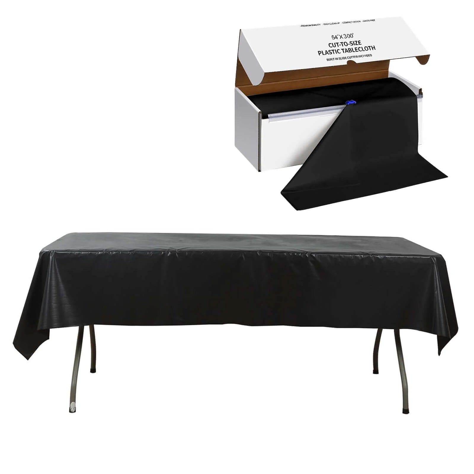 54x3600 in Disposable Plastic Table Cover Roll in a Cut-to-Size Box