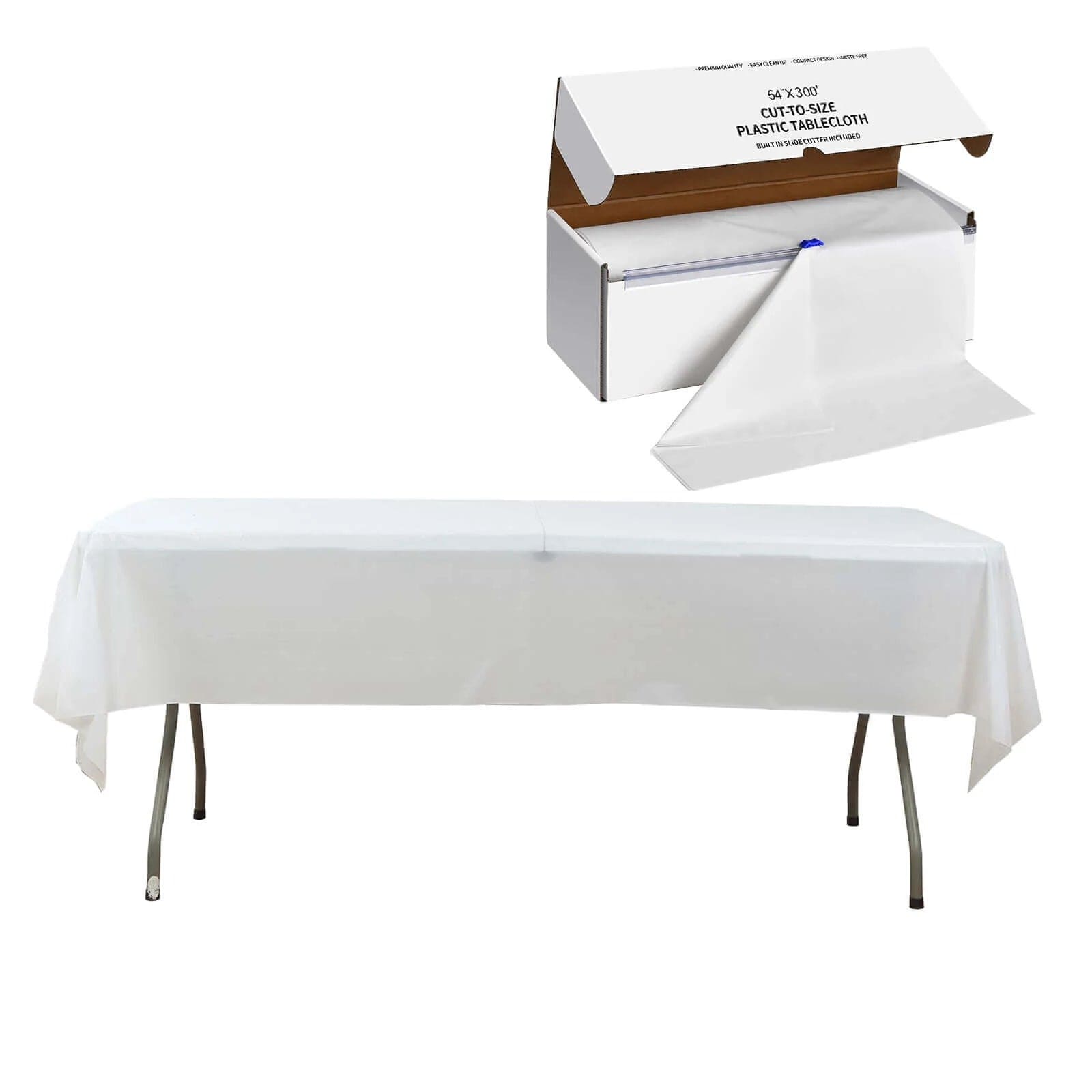 54x3600 in Disposable Plastic Table Cover Roll in a Cut-to-Size Box