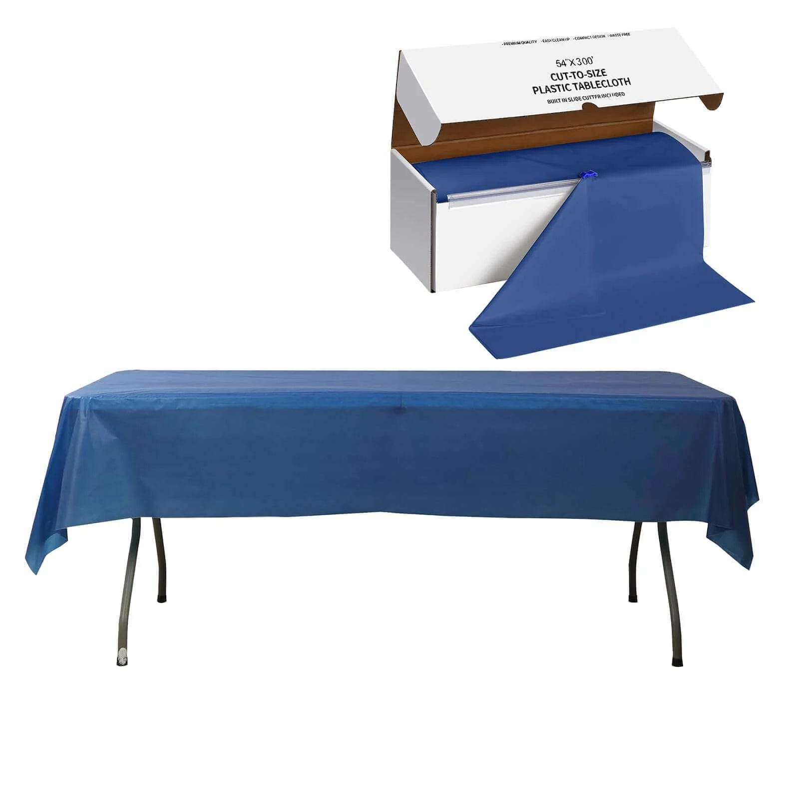 54x3600 in Disposable Plastic Table Cover Roll in a Cut-to-Size Box