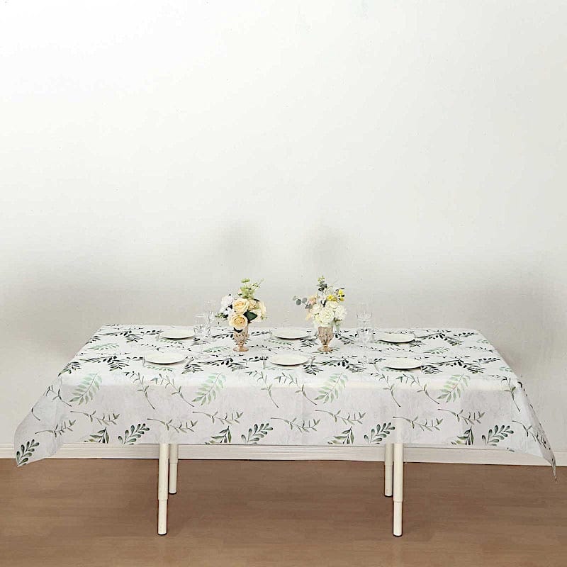 60x102 in White and Green Rectangular Tablecloth with Olive Leaves Print