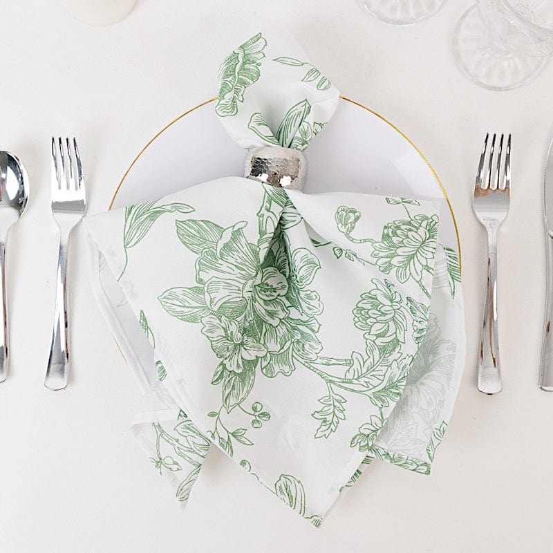5 White Polyester Dinner Napkins 20x20 with French Toile Pattern