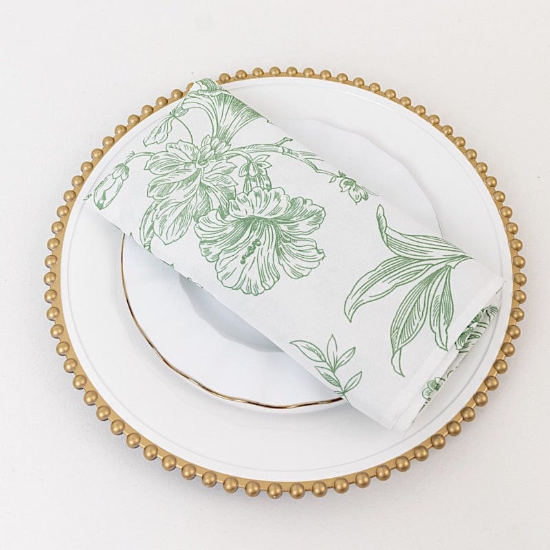 5 White Polyester Dinner Napkins 20x20 with French Toile Pattern