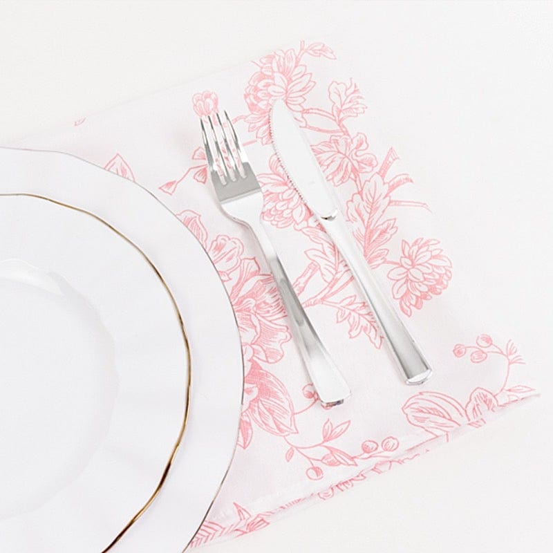 5 White Polyester Dinner Napkins 20x20 with French Toile Pattern