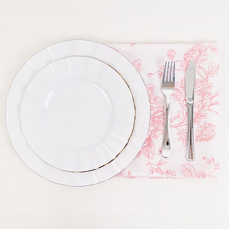 5 White Polyester Dinner Napkins 20x20 with French Toile Pattern