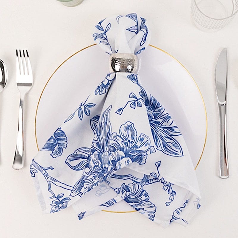 5 White Polyester Dinner Napkins 20x20 with French Toile Pattern