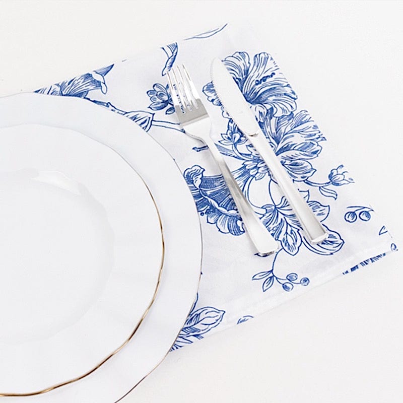 5 White Polyester Dinner Napkins 20x20 with French Toile Pattern