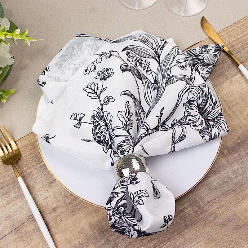 5 White Polyester Dinner Napkins 20x20 with French Toile Pattern