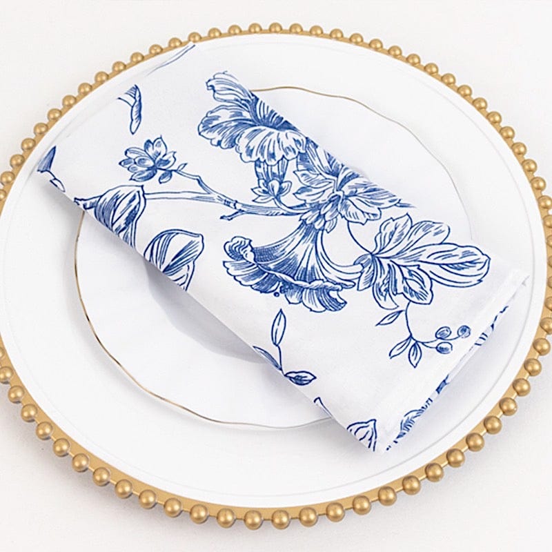 5 White Polyester Dinner Napkins 20x20 with French Toile Pattern