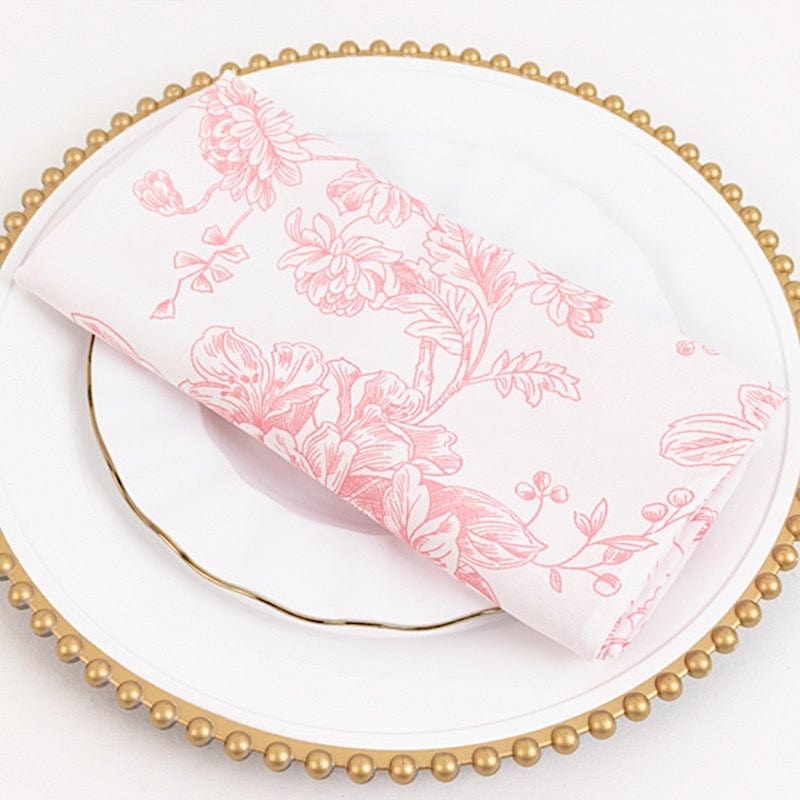 5 White Polyester Dinner Napkins 20x20 with French Toile Pattern