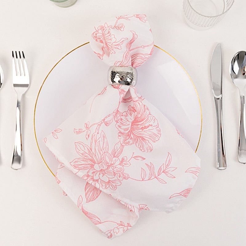5 White Polyester Dinner Napkins 20x20 with French Toile Pattern