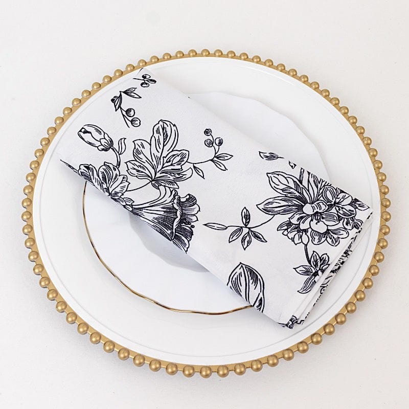 5 White Polyester Dinner Napkins 20x20 with French Toile Pattern