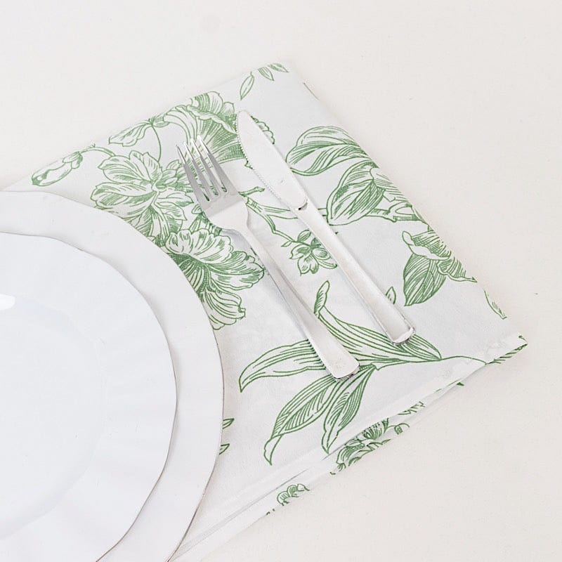 5 White Polyester Dinner Napkins 20x20 with French Toile Pattern