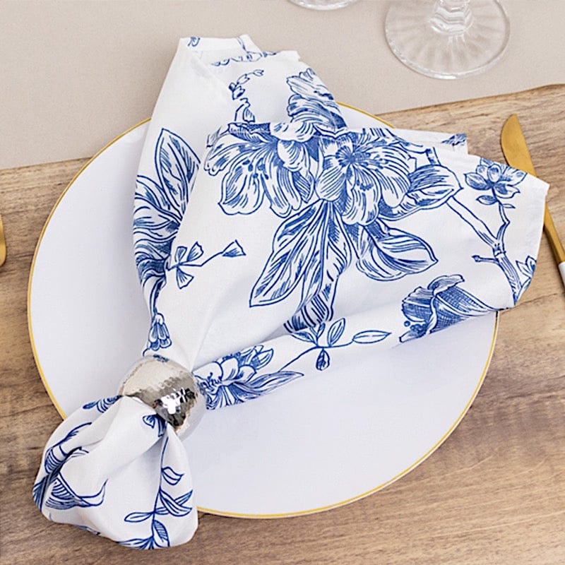 5 White Polyester Dinner Napkins 20x20 with French Toile Pattern