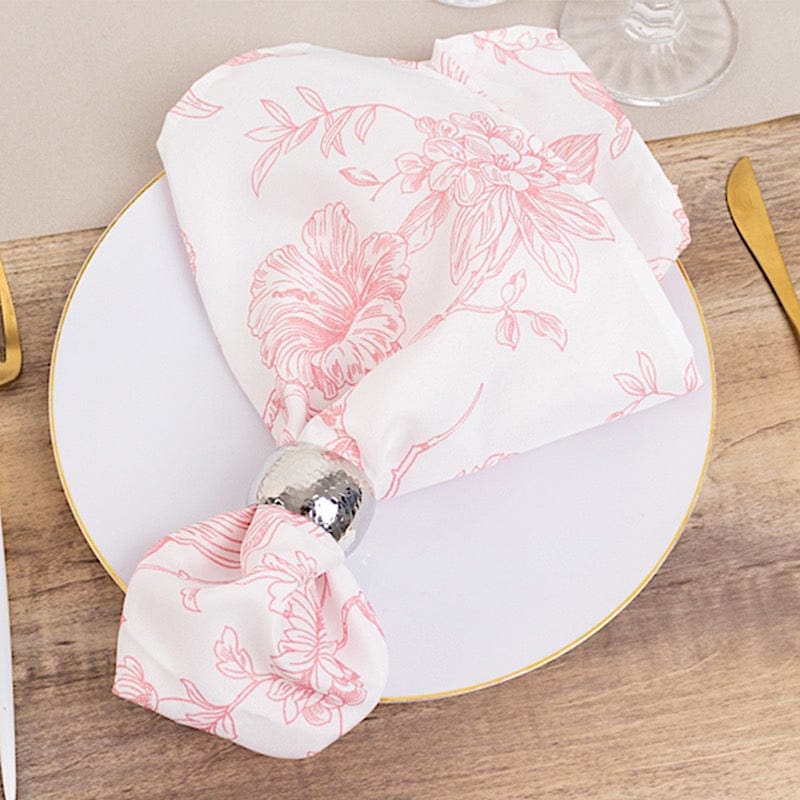 5 White Polyester Dinner Napkins 20x20 with French Toile Pattern