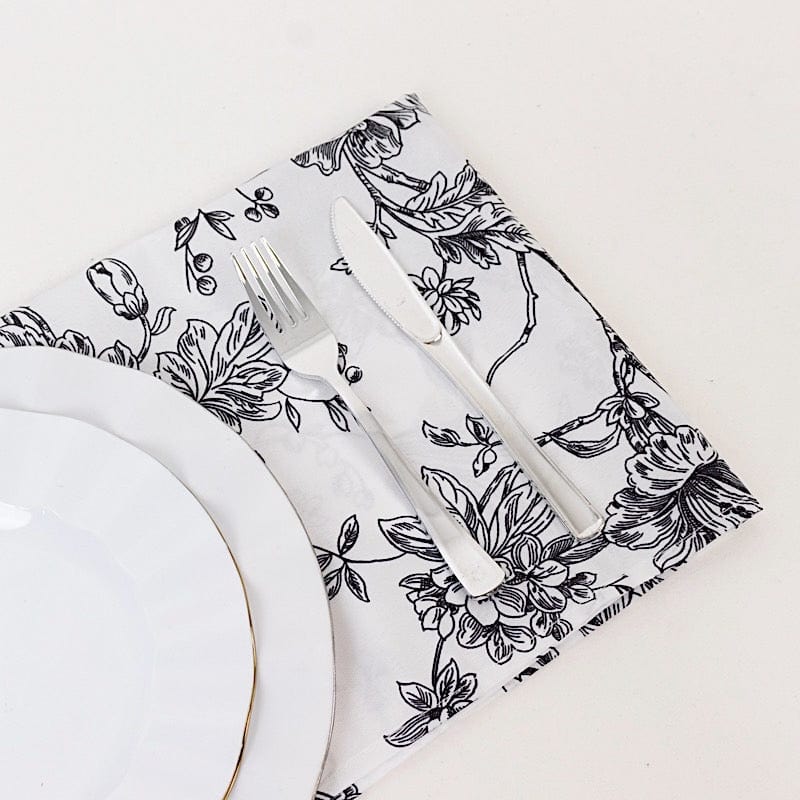 5 White Polyester Dinner Napkins 20x20 with French Toile Pattern