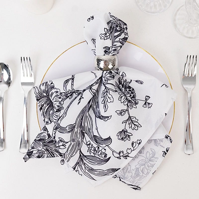 5 White Polyester Dinner Napkins 20x20 with French Toile Pattern