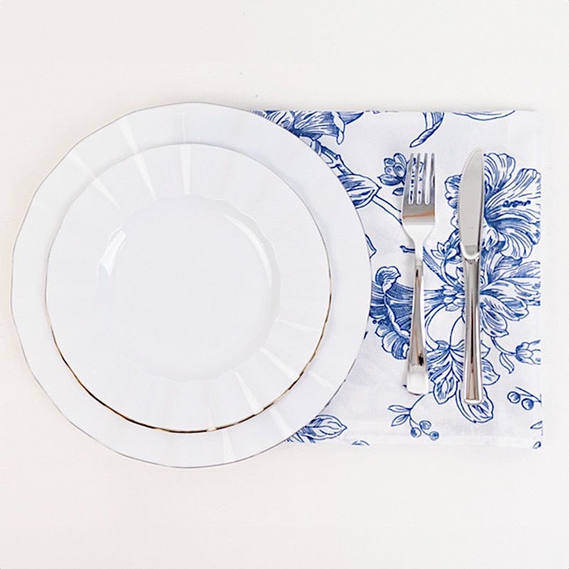 5 White Polyester Dinner Napkins 20x20 with French Toile Pattern