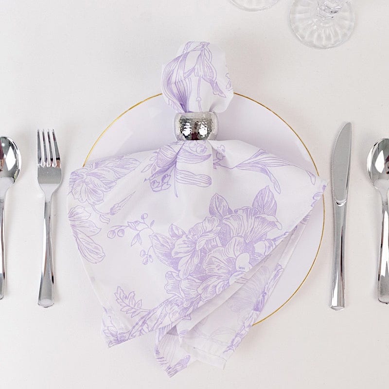 5 White Polyester Dinner Napkins 20x20 with French Toile Pattern
