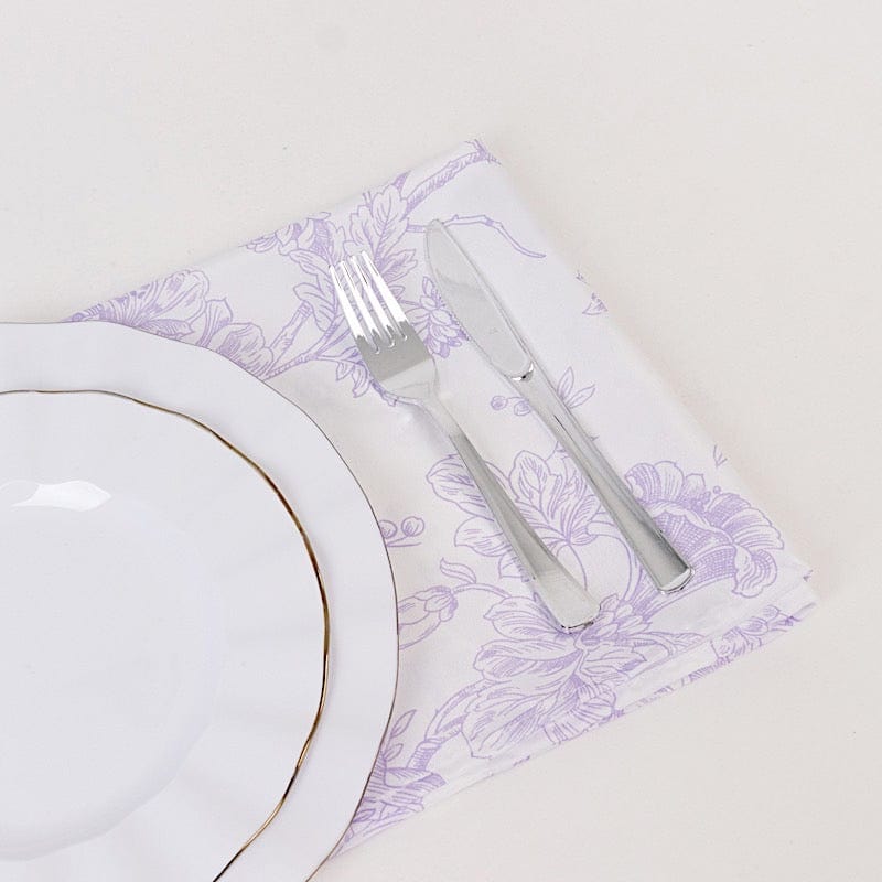 5 White Polyester Dinner Napkins 20x20 with French Toile Pattern