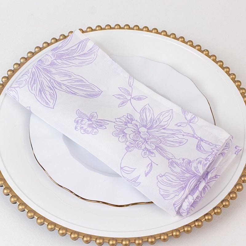 5 White Polyester Dinner Napkins 20x20 with French Toile Pattern