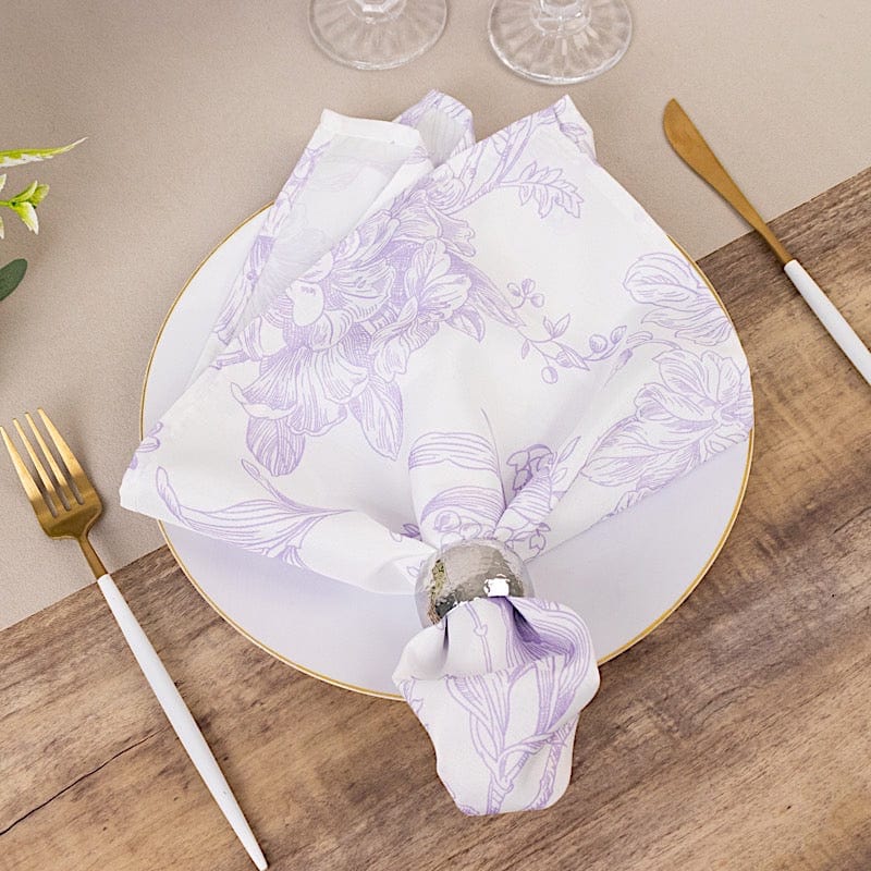 5 White Polyester Dinner Napkins 20x20 with French Toile Pattern