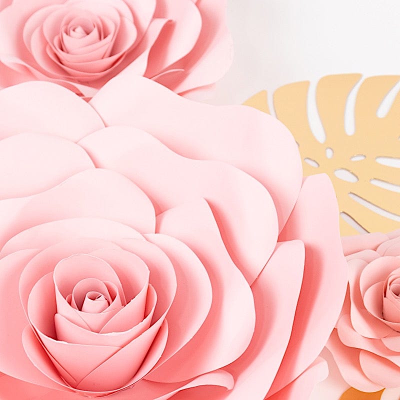 monstera rose Balsacircle 9 Red 3D Rose Paper Flowers with Gold Monstera Leaves Hanging Wall Decor Wedding Party Event Decorations