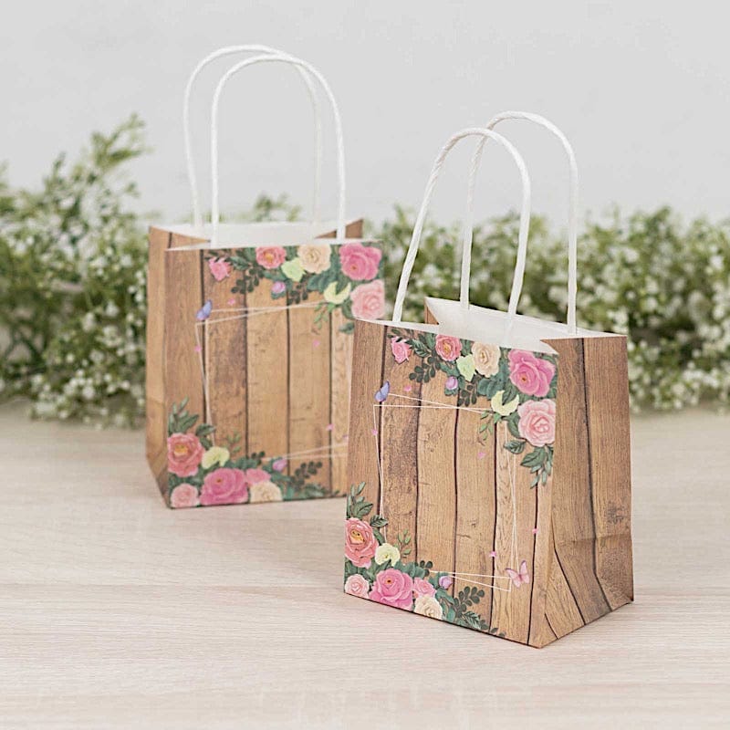 12 Natural Wood Print Paper Gift Bags with Rose Floral Accent