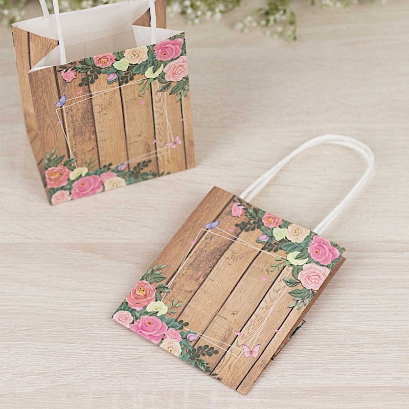 12 Natural Wood Print Paper Gift Bags with Rose Floral Accent