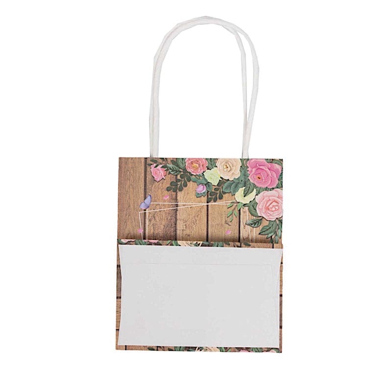 12 Natural Wood Print Paper Gift Bags with Rose Floral Accent