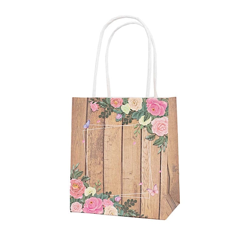 12 Natural Wood Print Paper Gift Bags with Rose Floral Accent