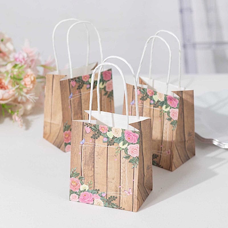 12 Natural Wood Print Paper Gift Bags with Rose Floral Accent